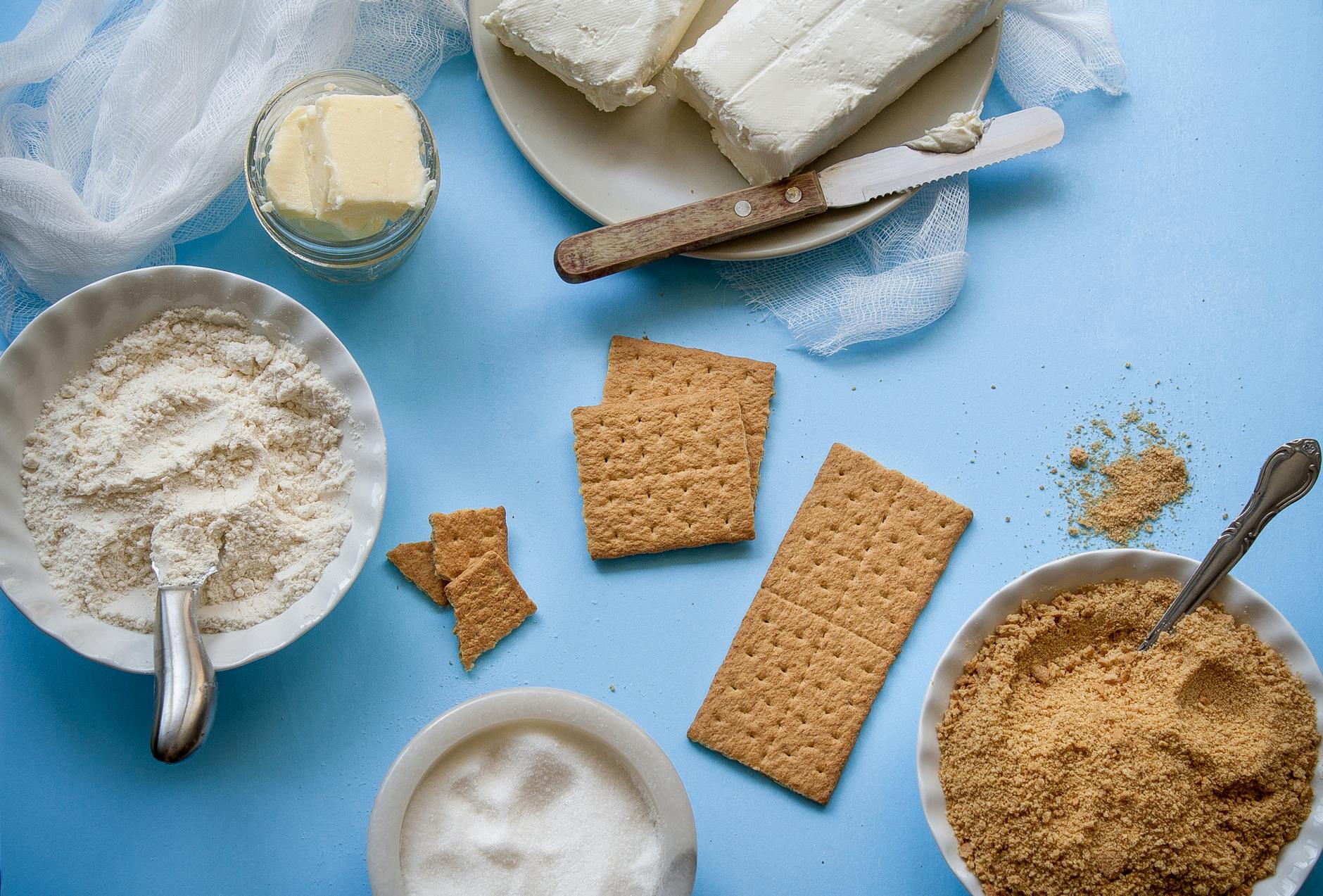 brown crackers on blue surface